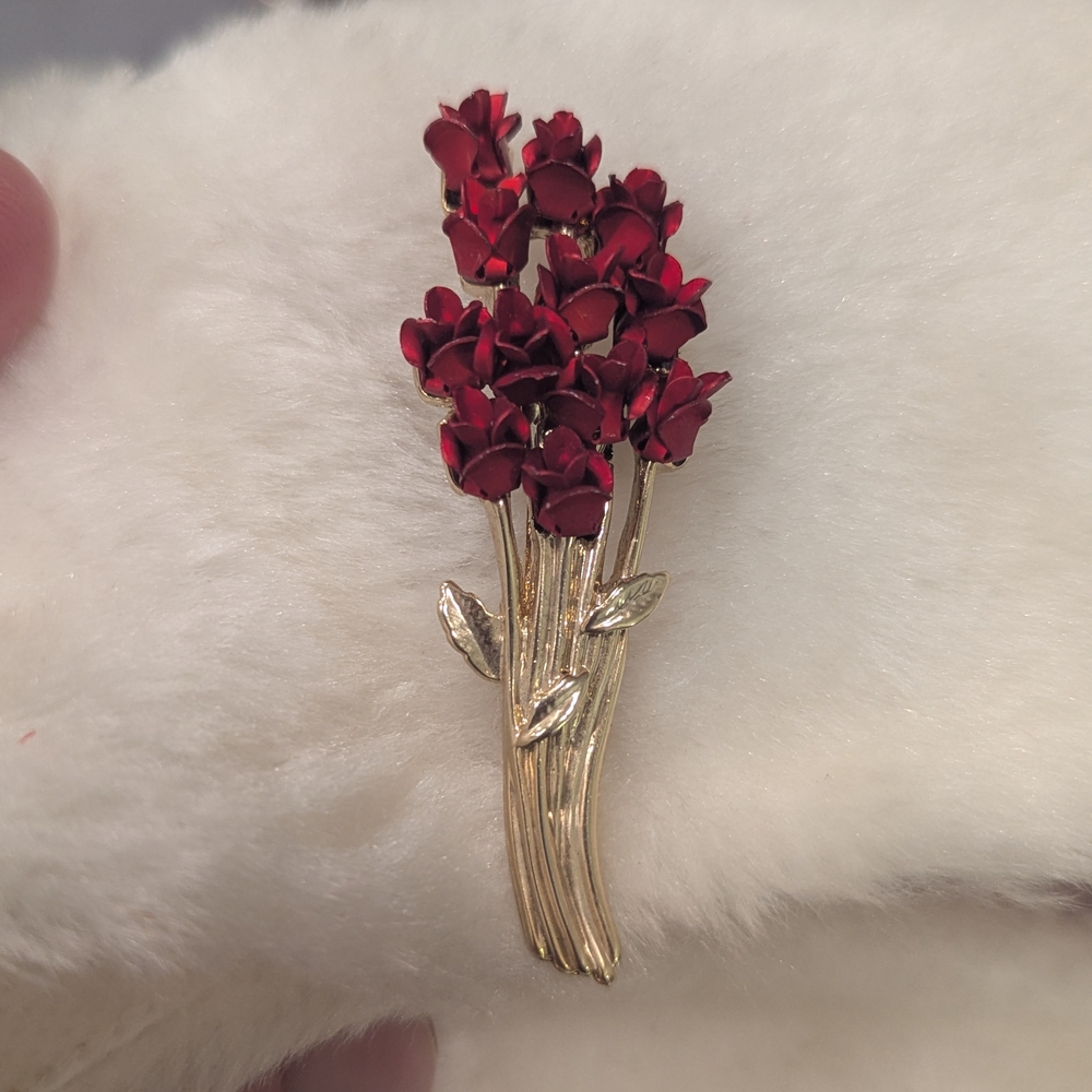 Vintage Red Enamel Rose Bouquet Brooch | Gold-Ton… - image 8
